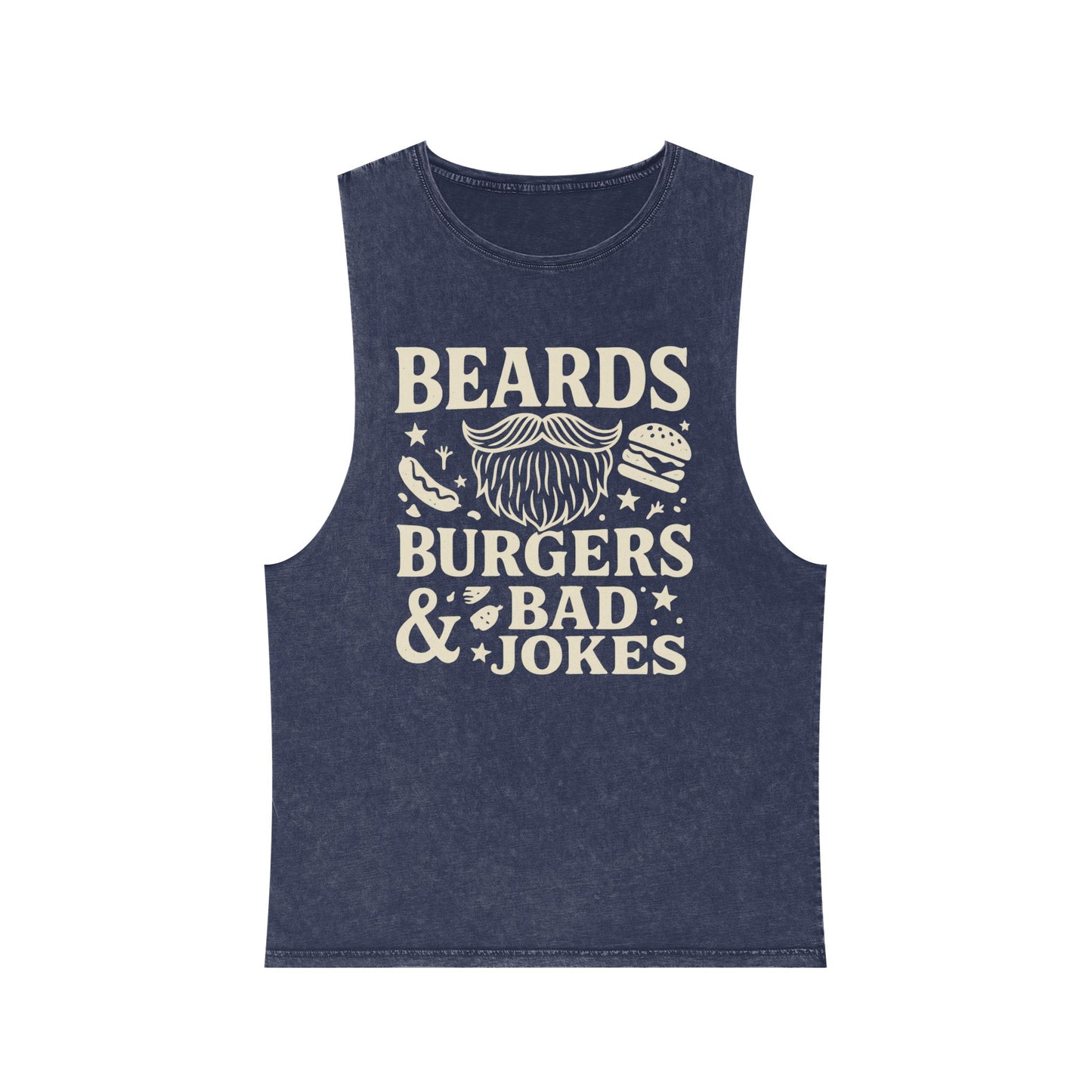 Beards, Burgers & Bad Jokes Tank Top | Unisex Stonewash Tank | Funny Gift for Dads | Summer BBQ Attire | Casual Wear | Humor Apparel