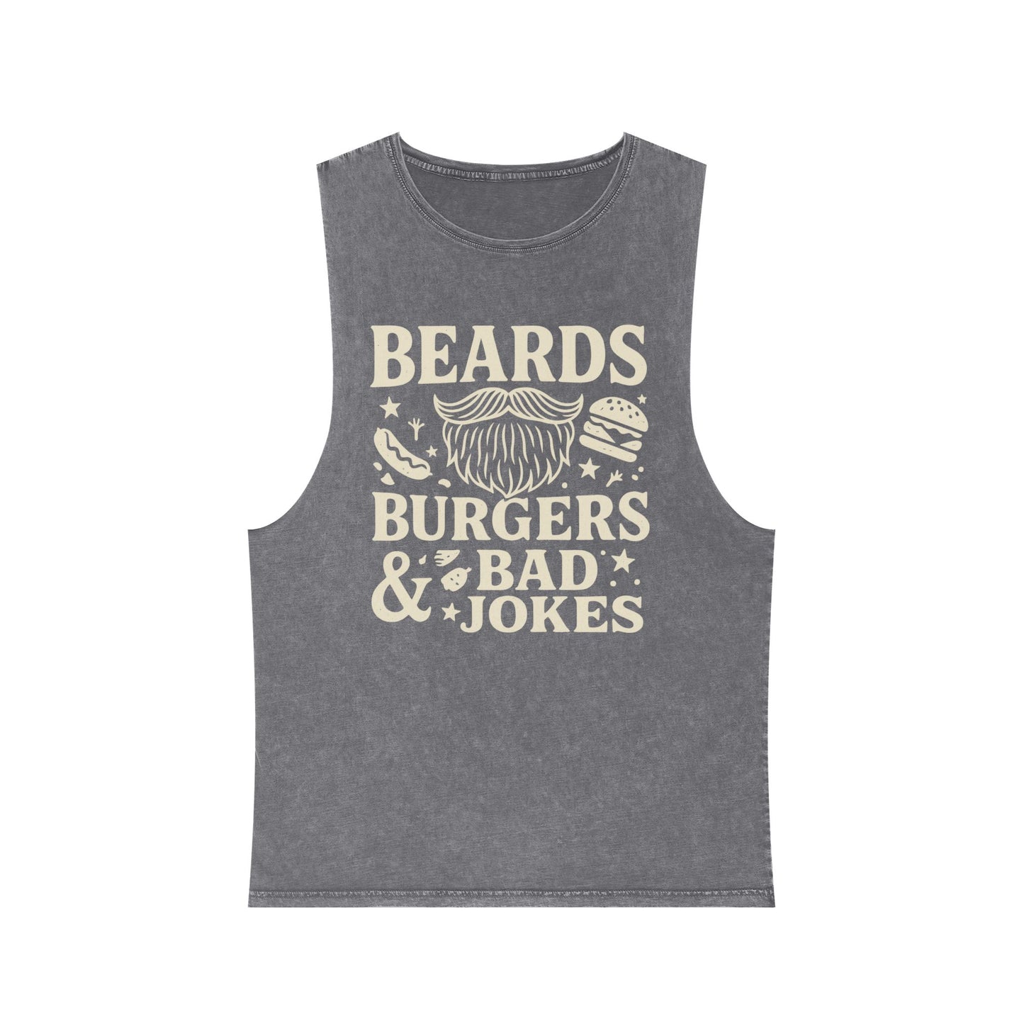 Beards, Burgers & Bad Jokes Tank Top | Unisex Stonewash Tank | Funny Gift for Dads | Summer BBQ Attire | Casual Wear | Humor Apparel
