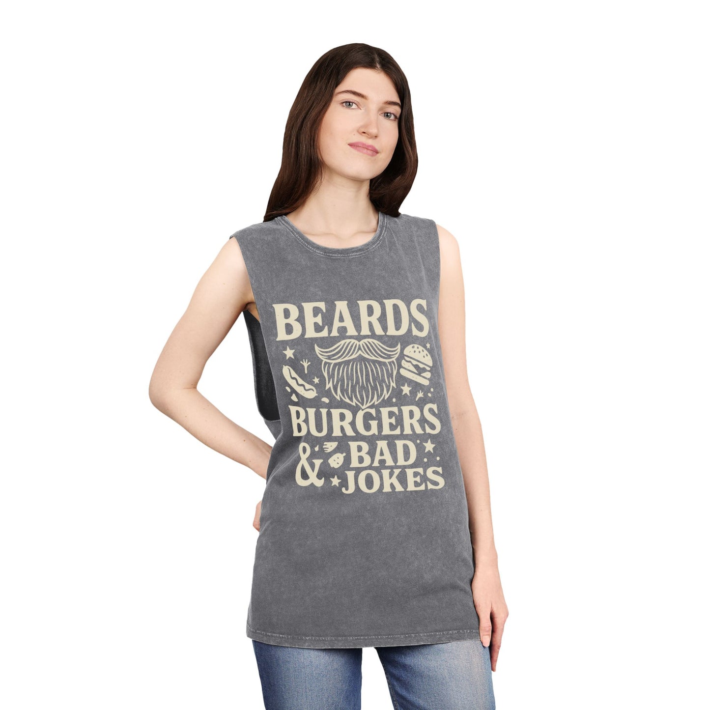 Beards, Burgers & Bad Jokes Tank Top | Unisex Stonewash Tank | Funny Gift for Dads | Summer BBQ Attire | Casual Wear | Humor Apparel