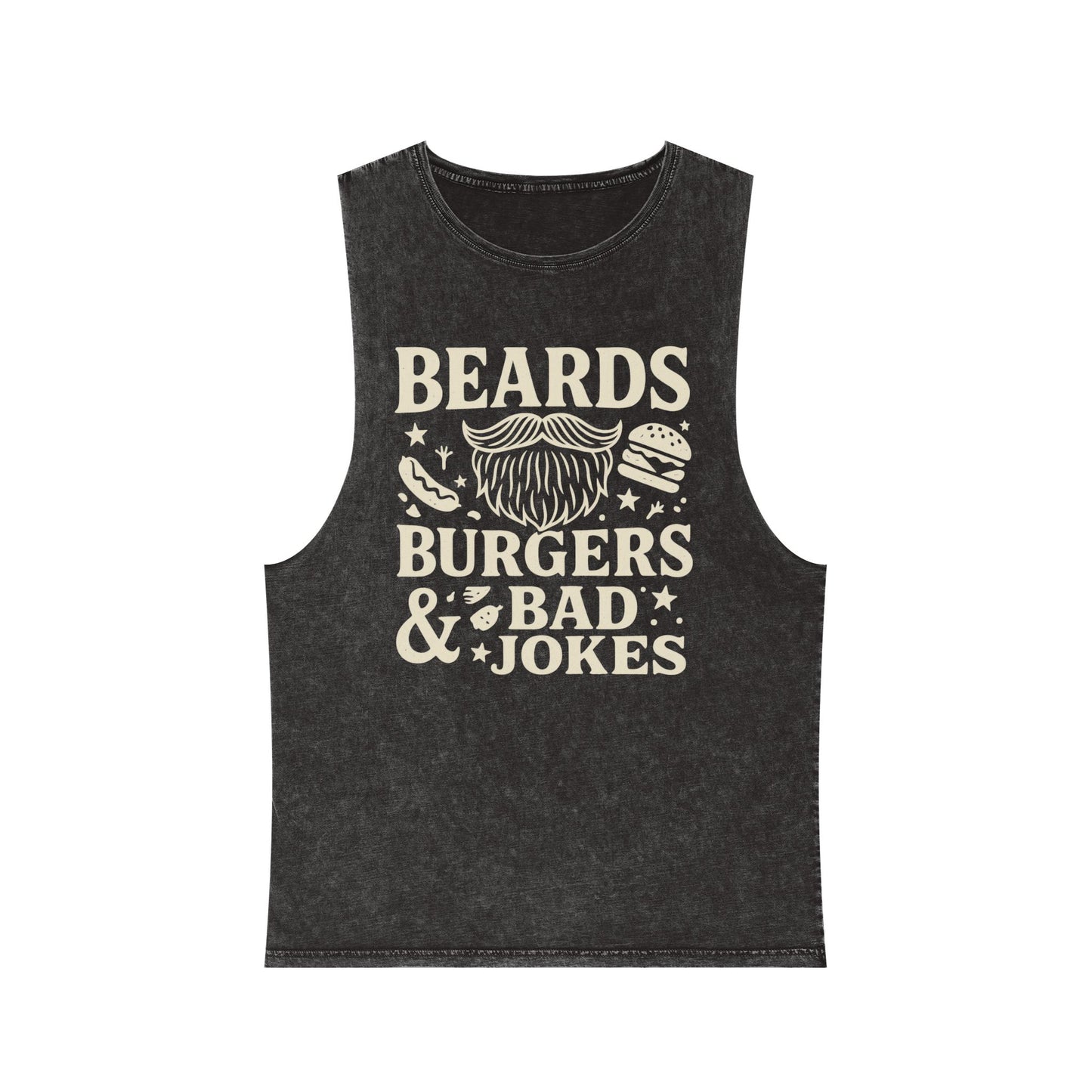 Beards, Burgers & Bad Jokes Tank Top | Unisex Stonewash Tank | Funny Gift for Dads | Summer BBQ Attire | Casual Wear | Humor Apparel