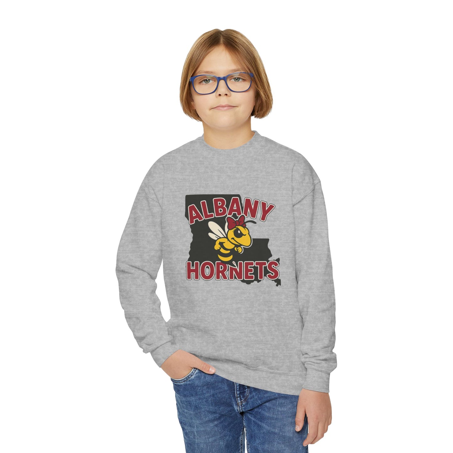 Albany Hornets with bow, girls Youth Crewneck Sweatshirt, School Spirit Wear, Youth Apparel, Team Gear, Gift for Students, Comfortable & Stylish
