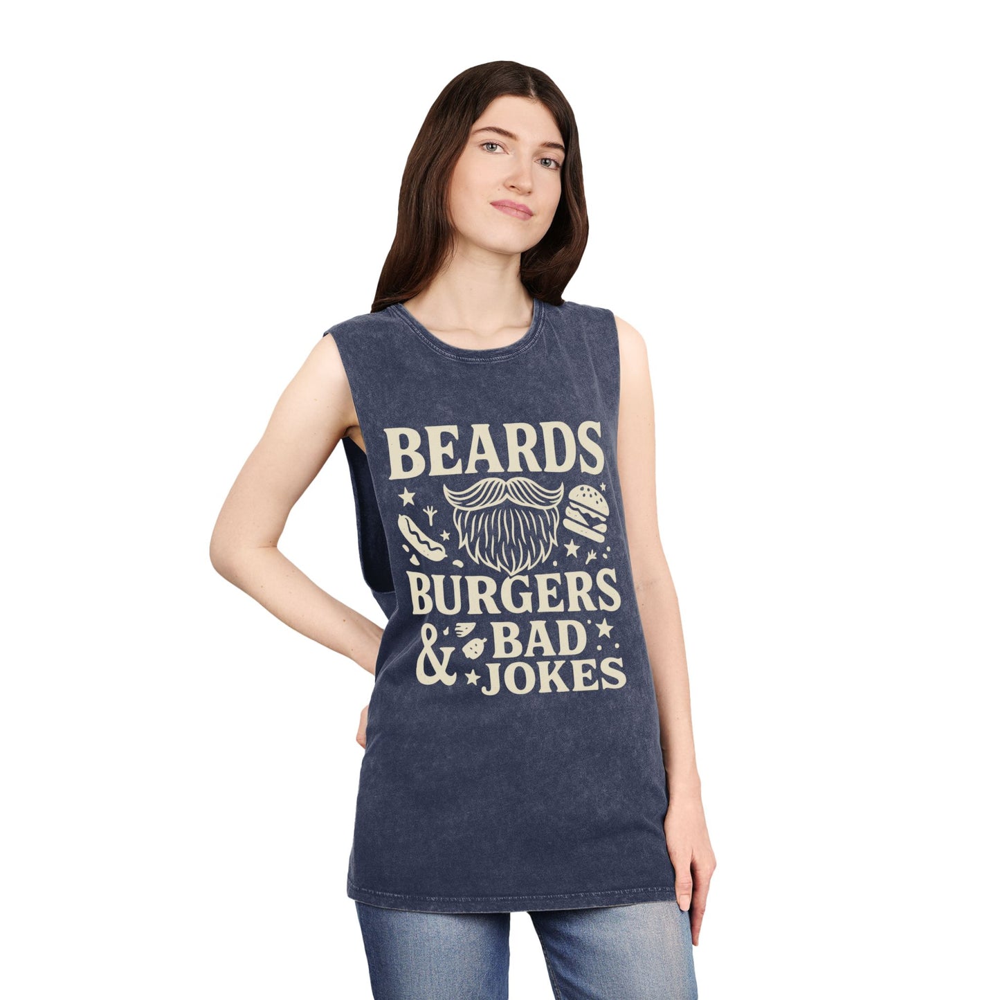 Beards, Burgers & Bad Jokes Tank Top | Unisex Stonewash Tank | Funny Gift for Dads | Summer BBQ Attire | Casual Wear | Humor Apparel