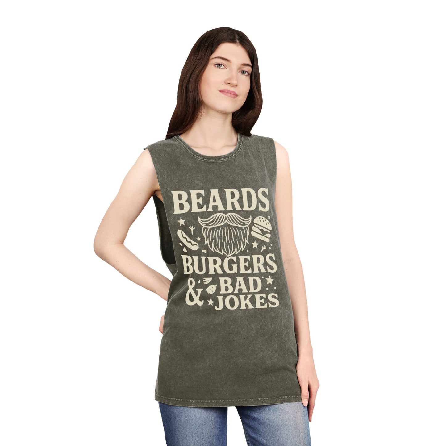 Beards, Burgers & Bad Jokes Tank Top | Unisex Stonewash Tank | Funny Gift for Dads | Summer BBQ Attire | Casual Wear | Humor Apparel
