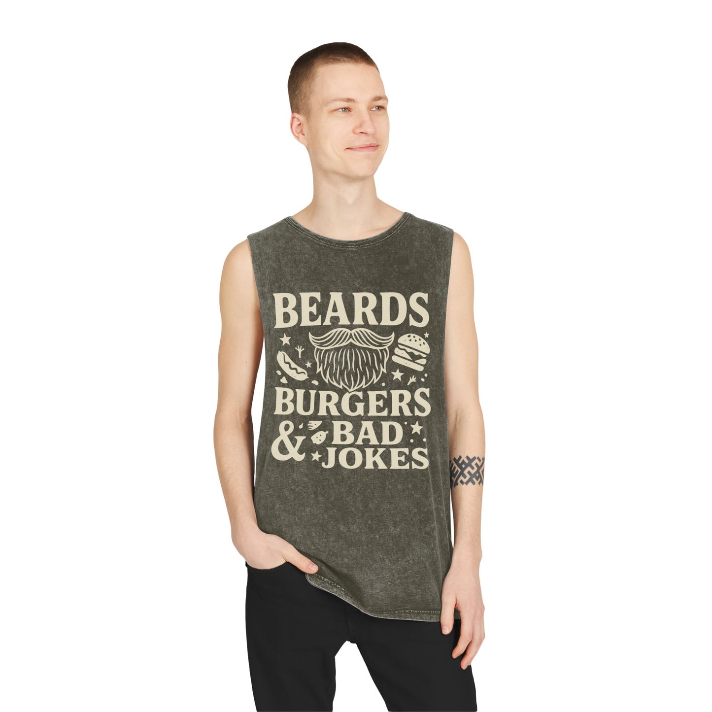 Beards, Burgers & Bad Jokes Tank Top | Unisex Stonewash Tank | Funny Gift for Dads | Summer BBQ Attire | Casual Wear | Humor Apparel