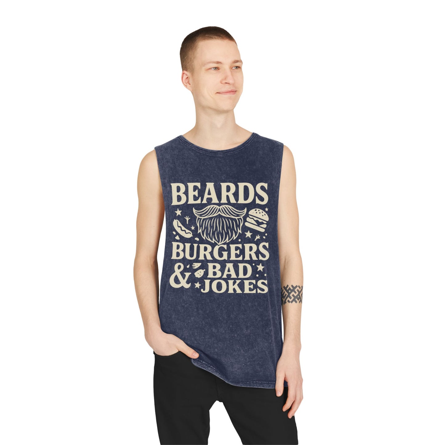 Beards, Burgers & Bad Jokes Tank Top | Unisex Stonewash Tank | Funny Gift for Dads | Summer BBQ Attire | Casual Wear | Humor Apparel