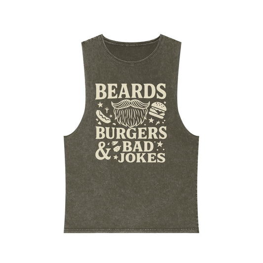 Beards, Burgers & Bad Jokes Tank Top | Unisex Stonewash Tank | Funny Gift for Dads | Summer BBQ Attire | Casual Wear | Humor Apparel