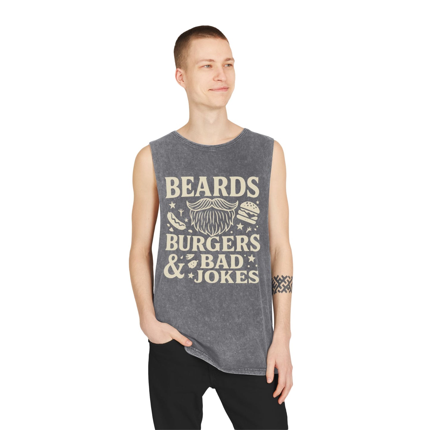 Beards, Burgers & Bad Jokes Tank Top | Unisex Stonewash Tank | Funny Gift for Dads | Summer BBQ Attire | Casual Wear | Humor Apparel